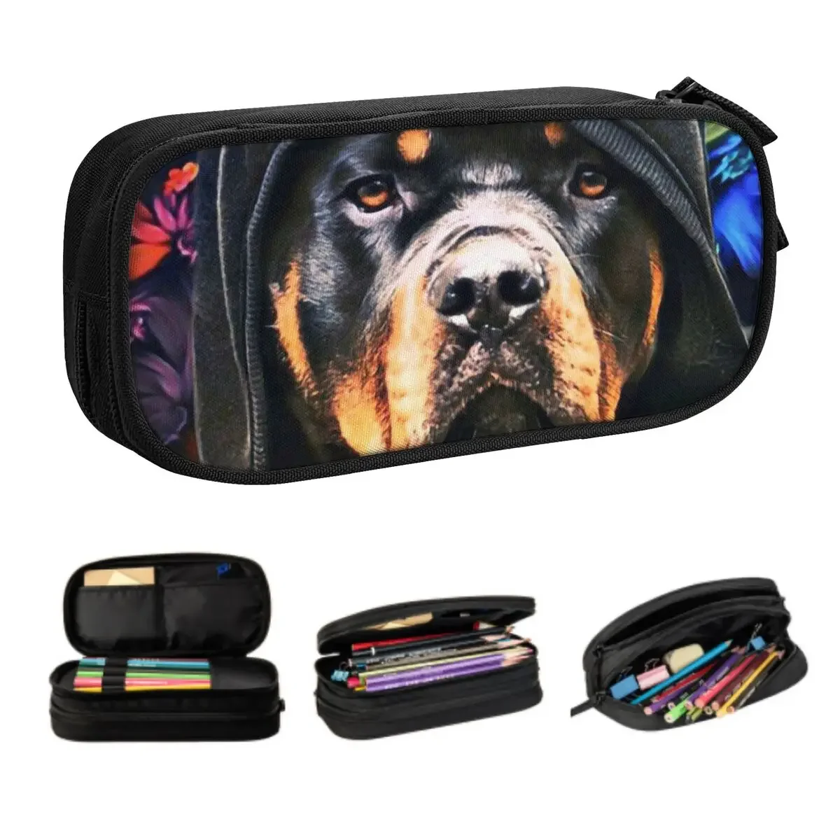 Custom Rottweiler Dog Cute Pencil Cases Boy Girl Large Capacity Pencil Bag Students Stationery