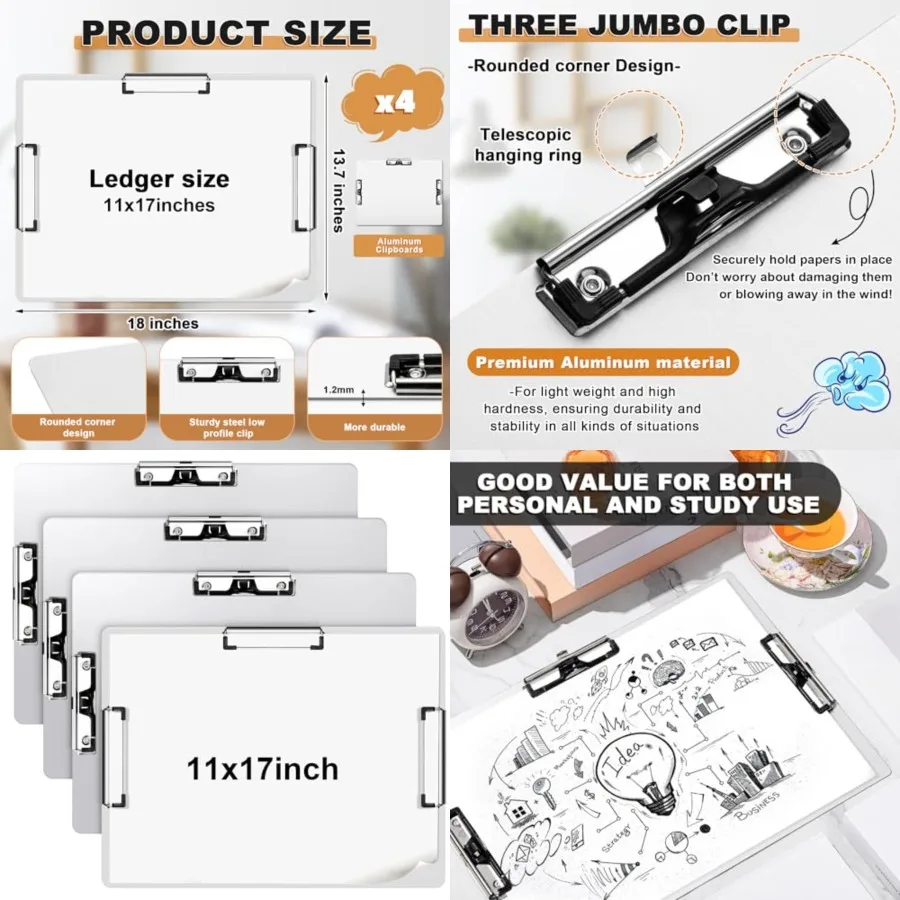 

4 Pcs 11x17 Aluminum Clipboard Three Clip Tough Extra Large Clipboard 11x17 Drawing Metal Clipping Board for Office Artists Pro