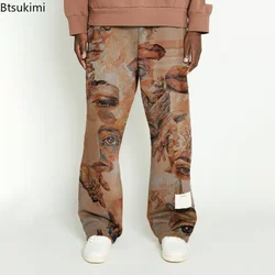 2024 Herren High Street lose Hose mit weitem Bein trend ige bedruckte europäische Herren hose mit mittlerer Taille braune HipHop-Hose männliche Freizeit hose