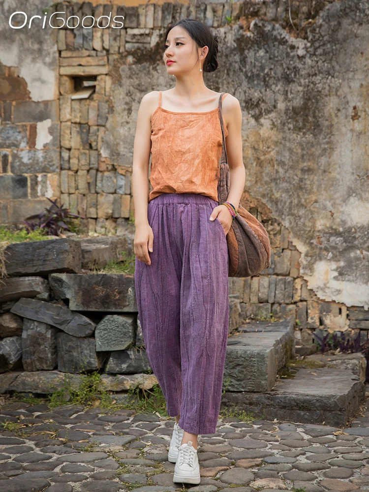 

OriGoods Summer Pants Women 2025 New Ramie Cotton Crop Pants Slim Casual Capri Cropped Harem Pants Vintage Tie Dye Woman B306