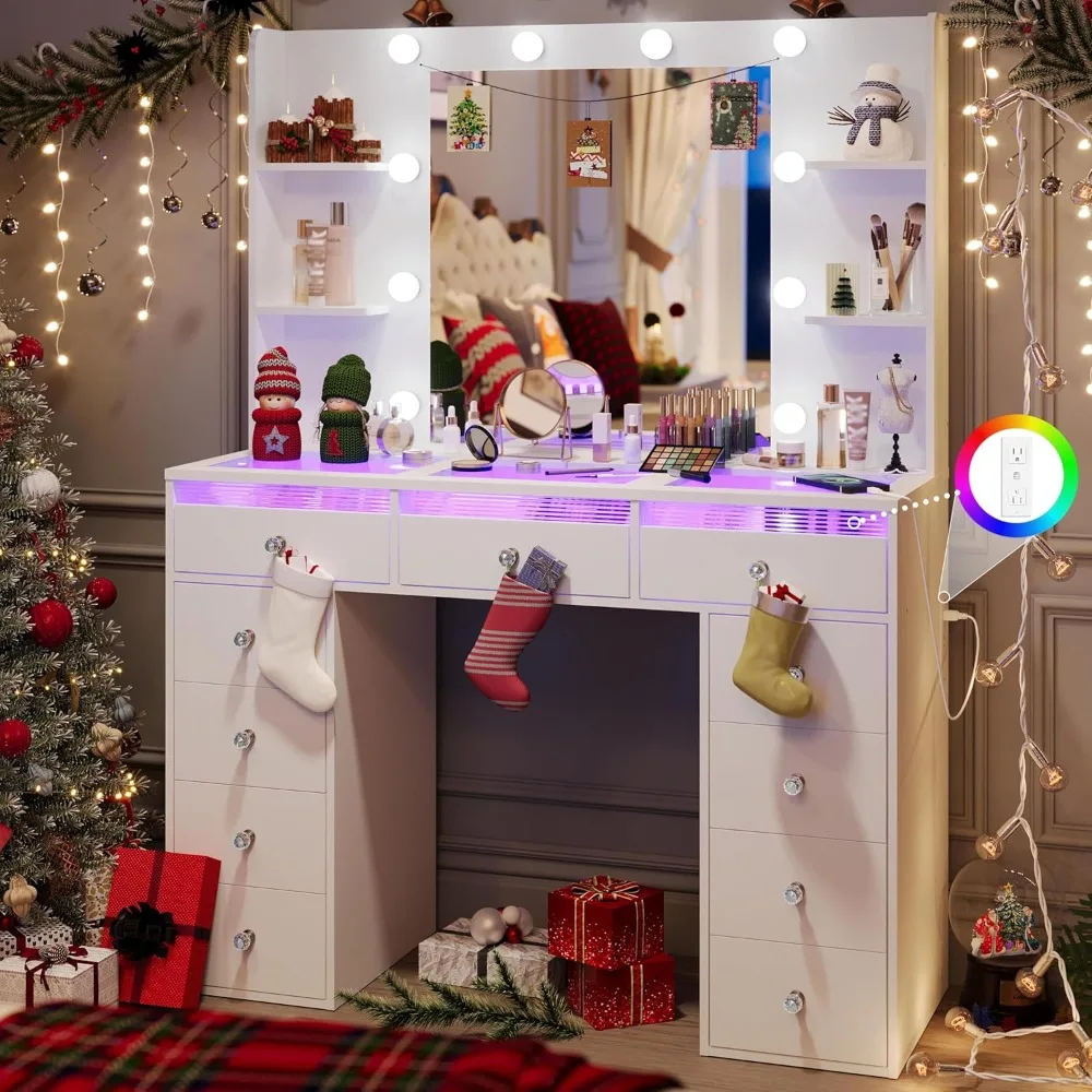 

Makeup Vanity Desk with 11 Storage Drawers, Glass Top Vanity with 3 RGB Lighted Drawers, Makeup Table with Power Outlet