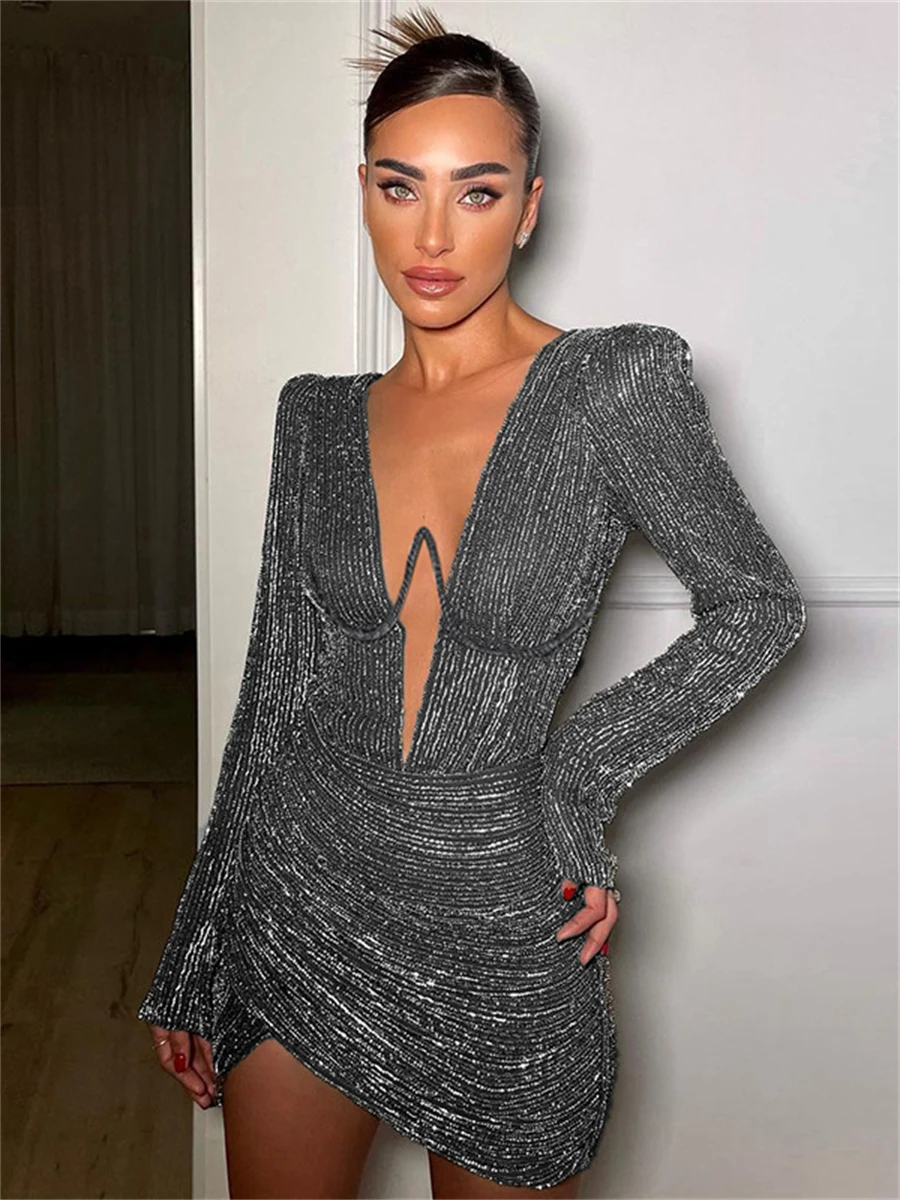 wsevypo Sexy Shiny Deep V Neck Mini Dress Women Autumn Long Sleeve High Waist Ruched Draped Club Party Dresses Evening Vestidos