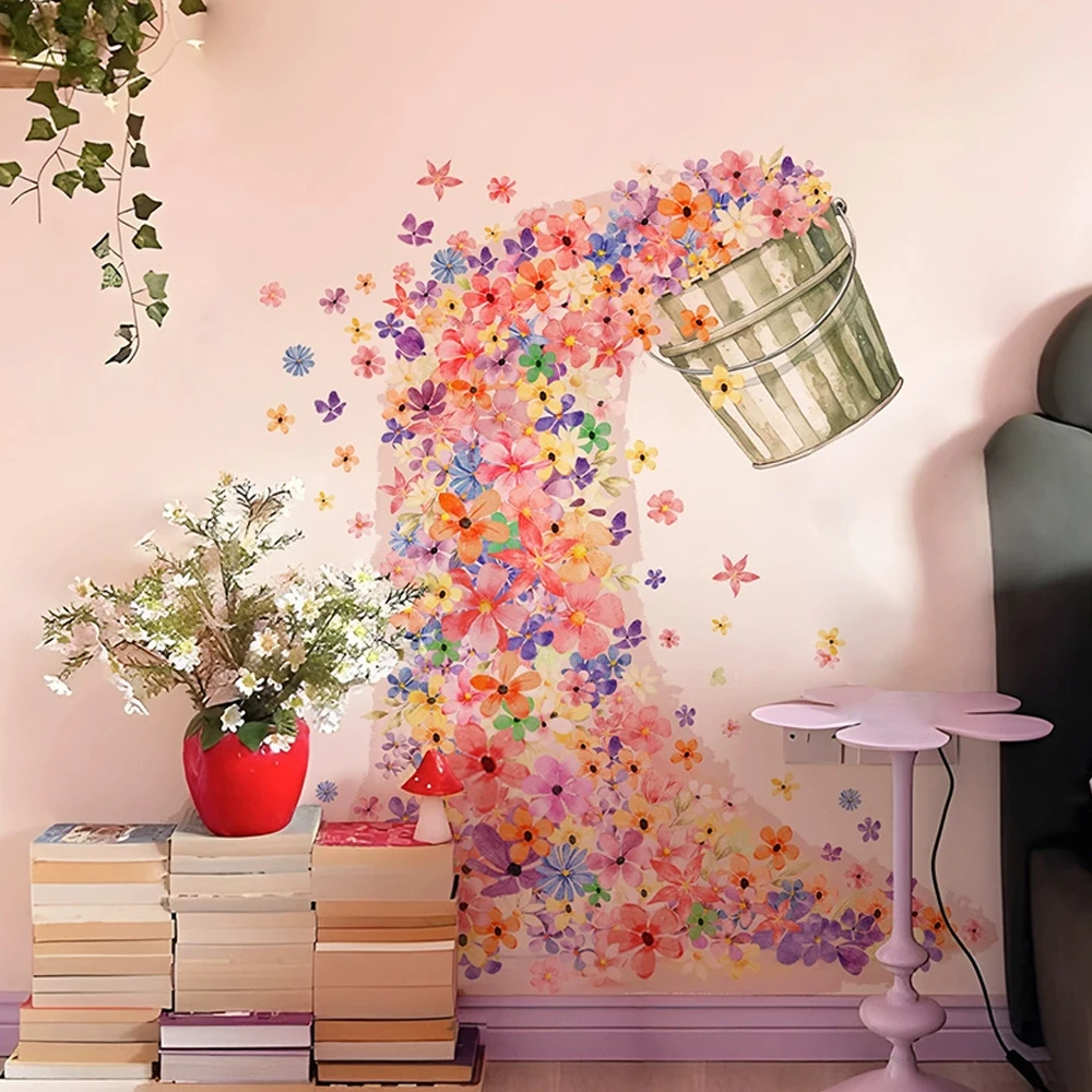 Magic Bucket-Overflow Colorful Flowers Waterproof Wall StickerKids Room Living Room Decor