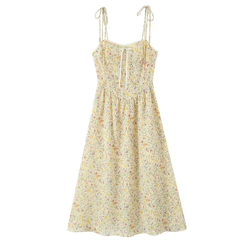 YENKYE French Retro Floral Print Bow Sexy Spaghetti Straps Dress Women Elegant A-line Midi Casual Summer Dresses Holiday Robe