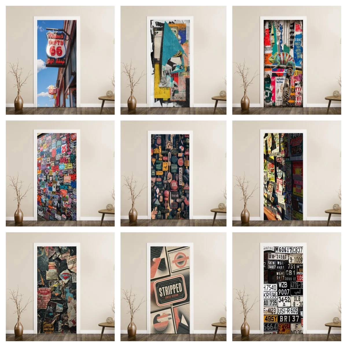 Retro Poster Collage Door Sticker Anti‑Scratch Waterproof Vinyl Door Mural Decal Cabinets Wardrobe Doors Aesthetics Decor