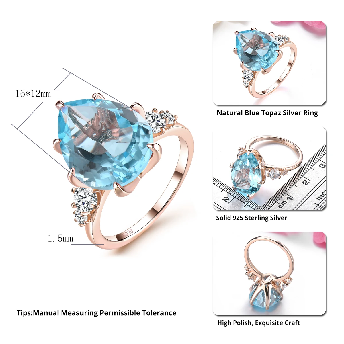 Natural Sky Blue Topaz Sterling Silver Rose Gold Plated Rings 11 Carats Drop Faced Romantic S925 Fine Jewelrys Styles Gifts