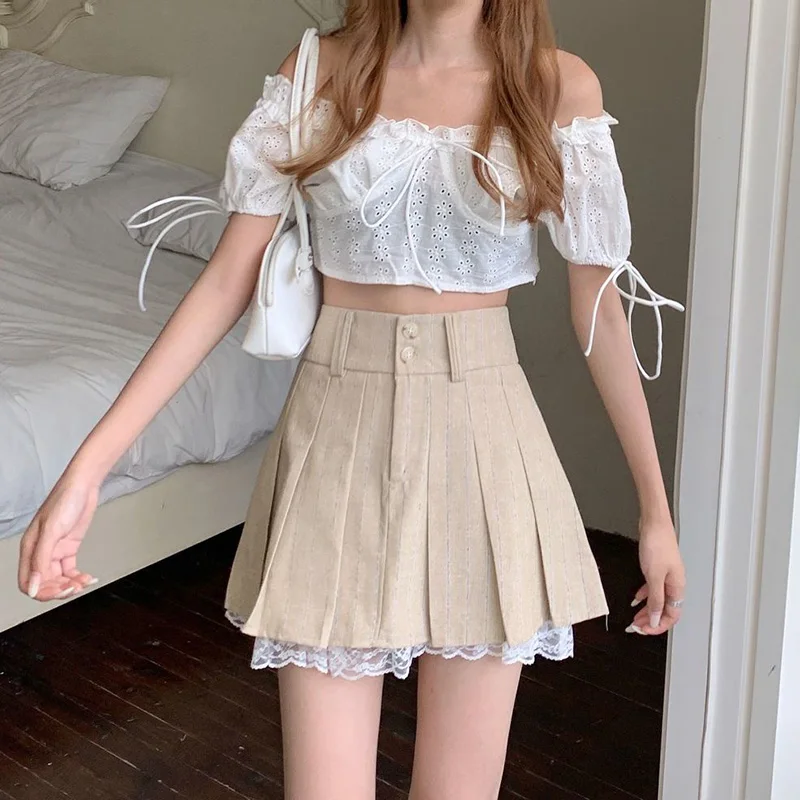 

Korean Fashion Patchwork Skirts Women Casual Lace Trim Cute Pleated Mini Skirts Female Elegant Preppy High Waist Empire Skirt