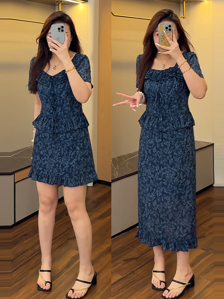 

Комплект из шифонового топа и юбки с цветочным принтом, корейский летний модный костюм больших размеров для женщин