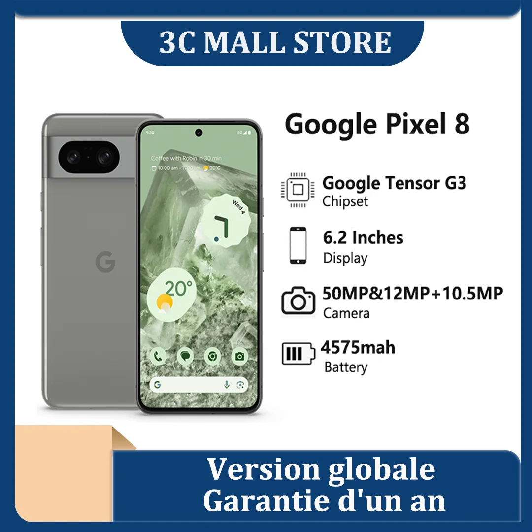 Google Pixel 8,Google Tensor G3,8 Go RAM,ROM de 128 Go,P68 water resistant, MOH battery, NFC,5G,2023, smart telephone,