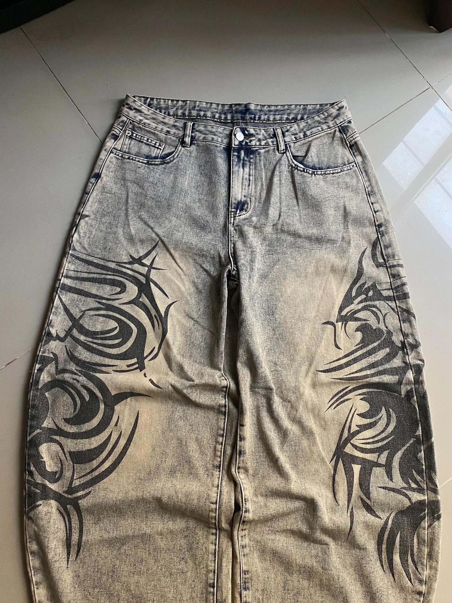 American Y2K New Grey Printing Baggy Jeans Men Women High Street Vintage Hip Ho… - Image 5