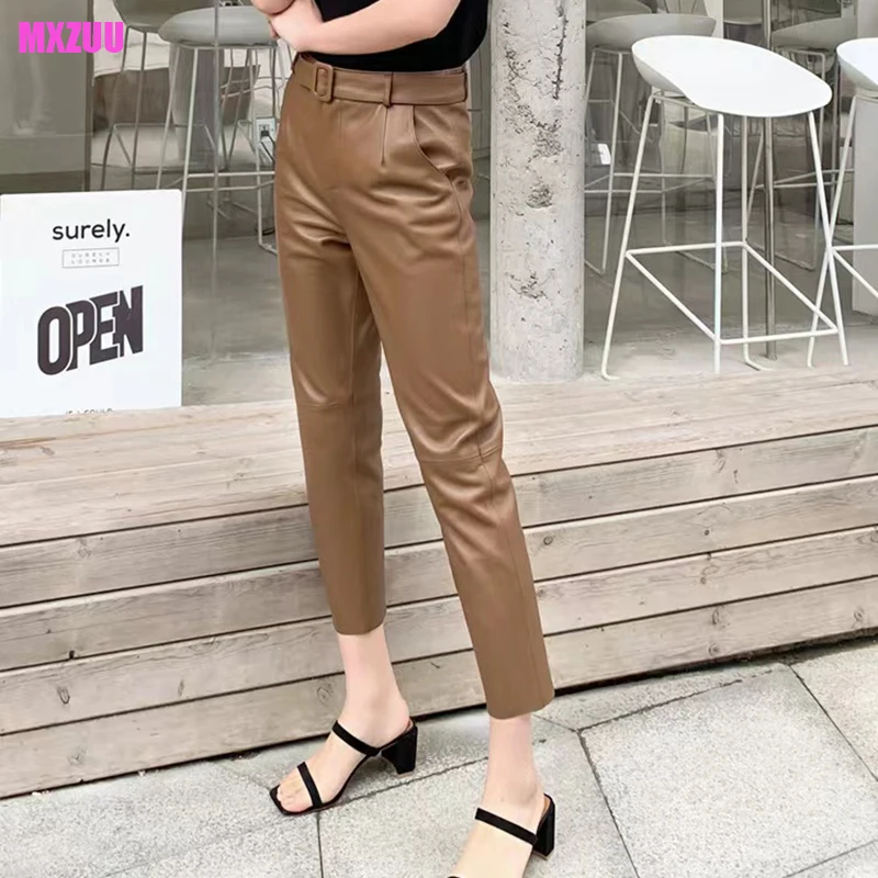 

Caramel Lambskin Pencil Pants For Women Genuine Leather Mid- Waist Pantalones Mujer Wrap Hip A-line Cropped Trousers Belt WS1026