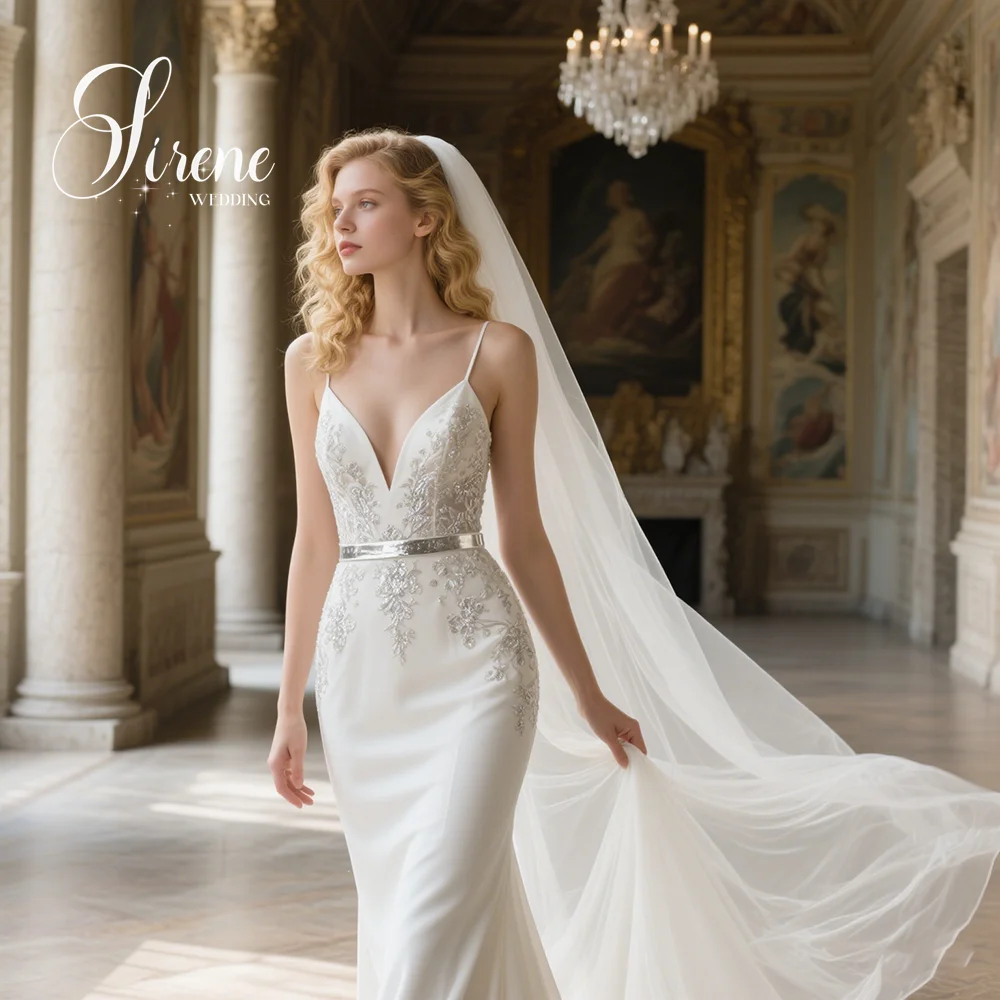 Sirene Spaghettibandjes Zeemeermin V-hals Borduren Satijnen Trouwjurk Mouwloos Lange Trein Ruglooze Formele Jurken Op maat