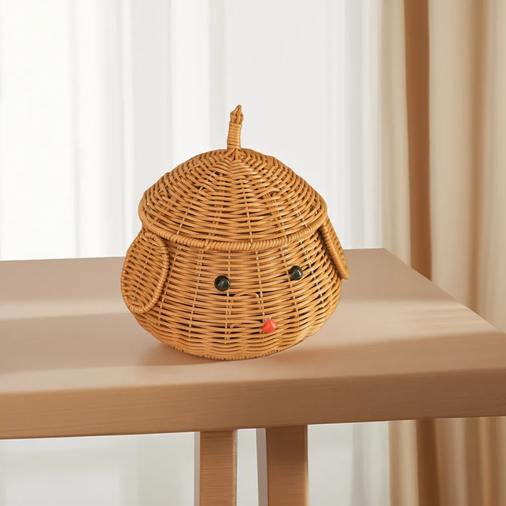 

Handmade Dog Shape Woven Desktop Storage Basket Lid Imitation Rattan Snack Fruit Container Decorative Home Use
