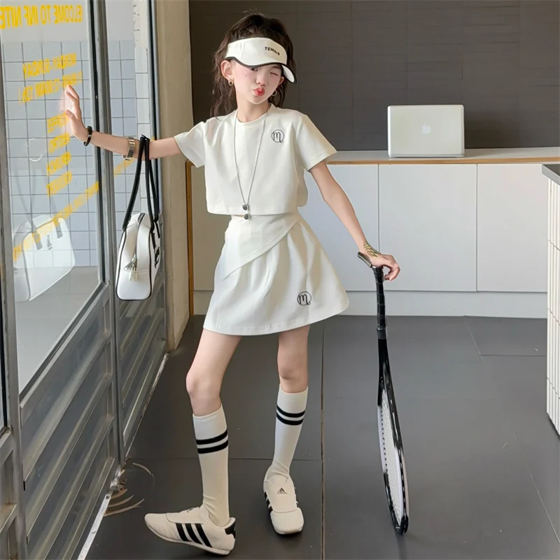 5-14Y Girls Summer Casual Tracksuit Solid Crop Top & Skirt Set Breathable Sportswear School Play Vacation Kids 2 Piece Outfits