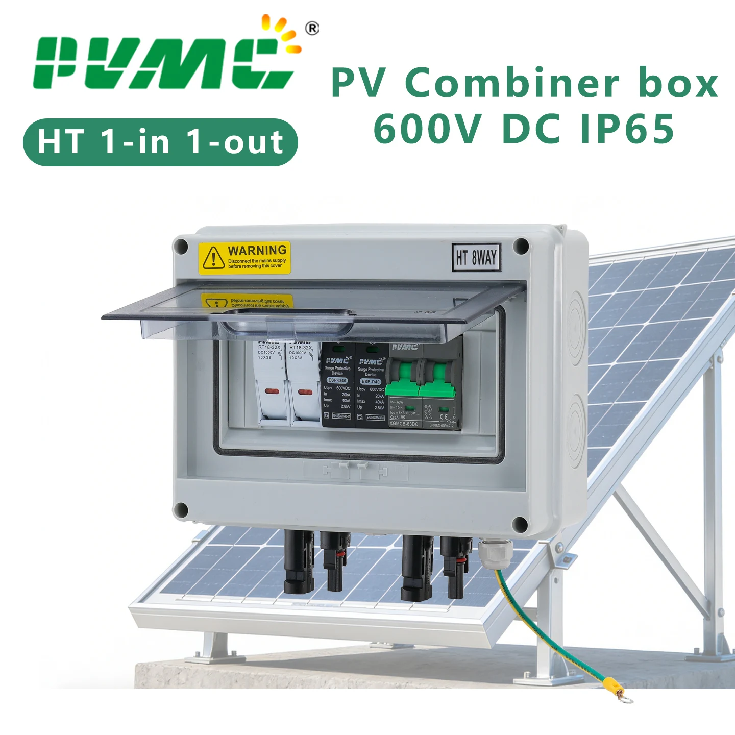 PVMC 1 in 1 out DC 600V Solar Photovoltaic PV Combiner Box Lightning Protection 32A Fuse MCB SPD Waterproof IP65 Distribution