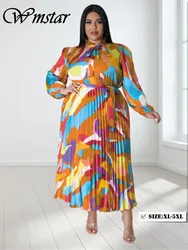 Wmstar Plus Size Dresses for Women Printed Tie Dye Fashion Long Sleeve Maxi Dress Hot Sale Wholesale Dropshipping with Bandage