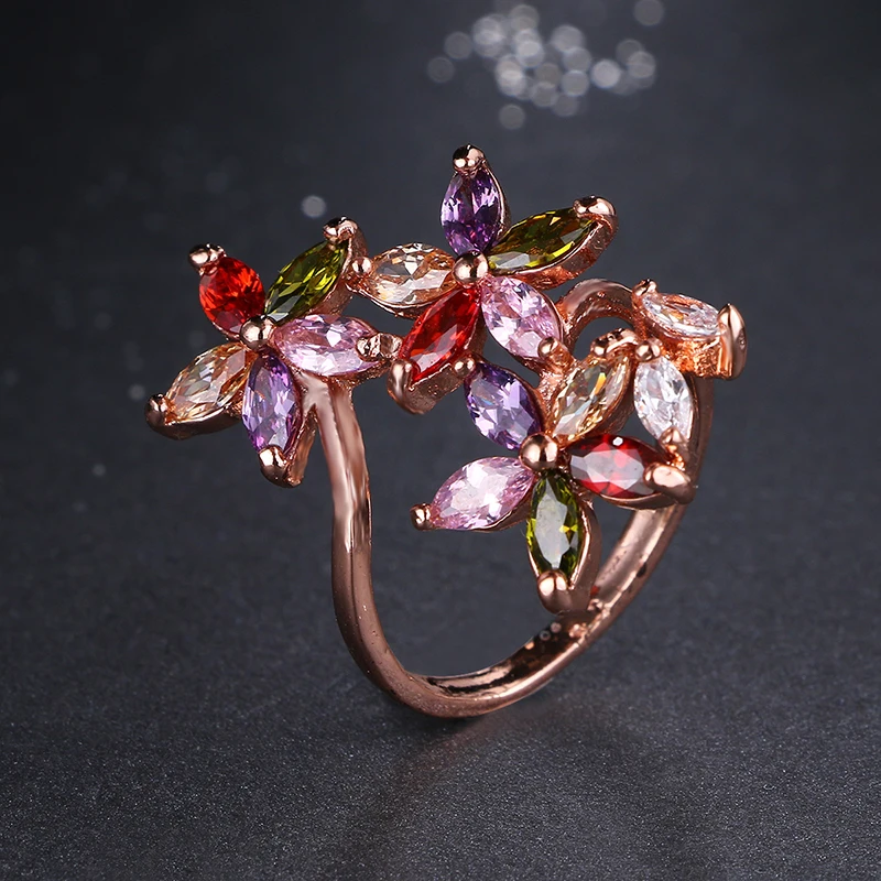 GMGYQ Classic Fashion Charming Rose Gold Color 5-Petal Flower Colorful Zirconia Sets for Lovely Girls Sweety Jewelry Gift