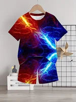 Summer Outfit Blue Flame Print Short Sleeve T-Shirt + Shorts Set Black Casual Sportswear Kids Streetwear Tracksuit 4