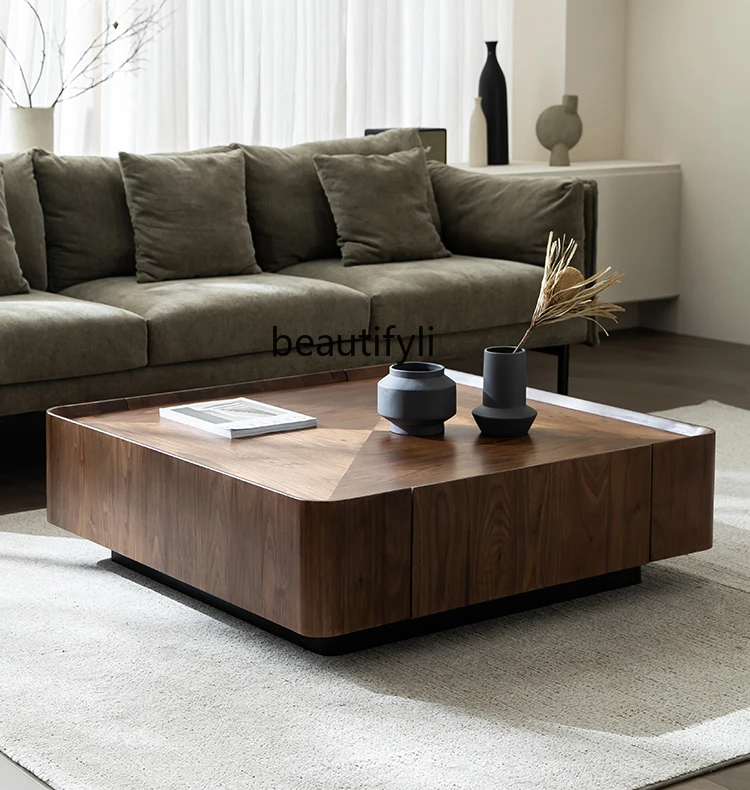 

North America Black Walnut Wooden Tea Table Nordic Italian Minimalist Square Solid Wood Log Square Table