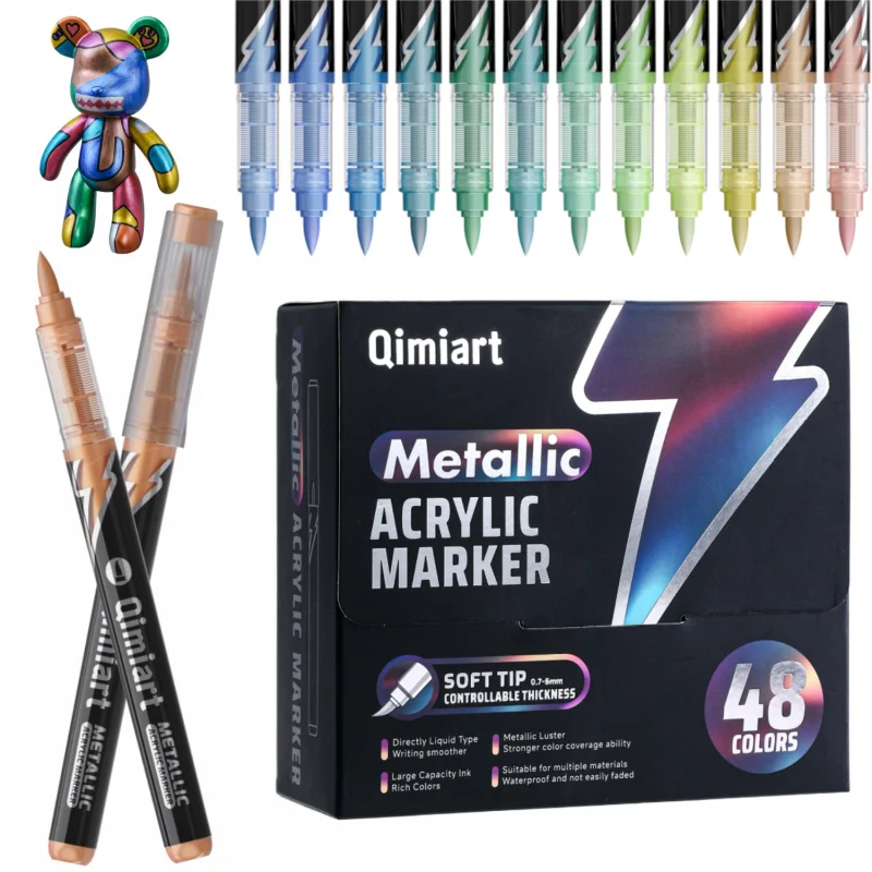 Metallic Acrylic Paint Markers, 48 Colors Soft Brush Acrylic Metallic Markers Set,Glitter Paint Pens for Black Paper, Rock Paint