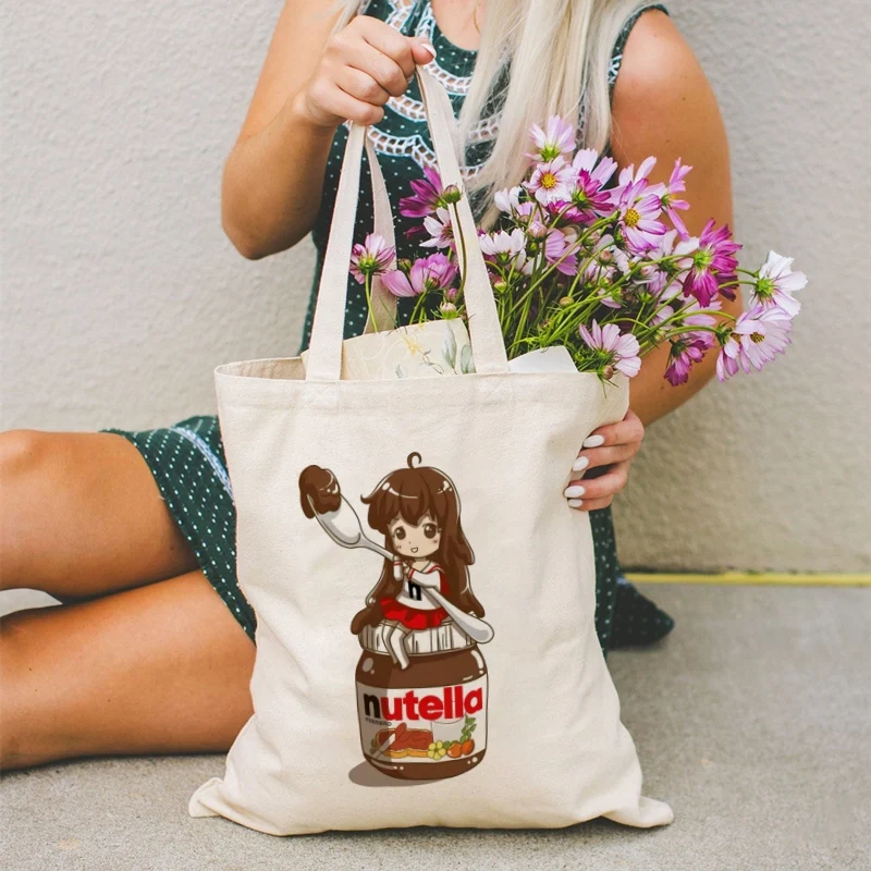 Nutella 90s Harajuku Kawaii Cute Cartoon Women Handbags Canvas Tote Shopping Bags Reusable Shopping Bag Eco Foldable