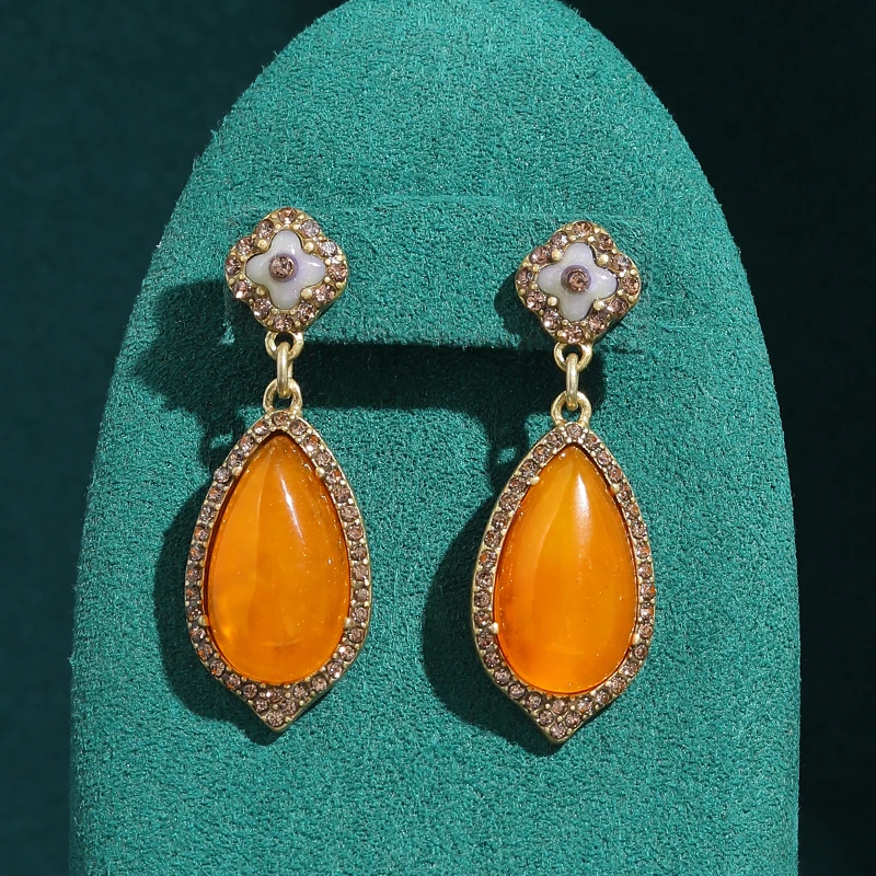 

Vintage Orange Natural Stone Water Drop Earring Rhinestone For Woman Antique Gold Color Quality Luxury Designer Jewelry 2026 New