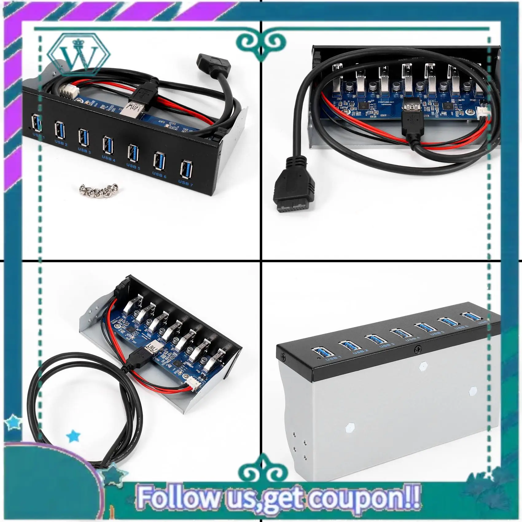 

AA92-7 Port USB 3.0 Hub 5Gbs 5.25Inch CD-ROM Drive Bay CD ROM Front Panel For Computer Case+USB 3.0 19-Pin Header To Type-A Male