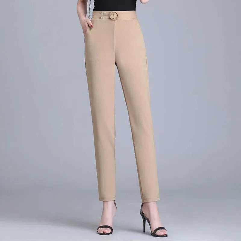 

Office Lady Pencil Sashes Solid Color Pockets Elastic High Waisted Pockets for Women's Clothing Trousers Spring Autumn Pants