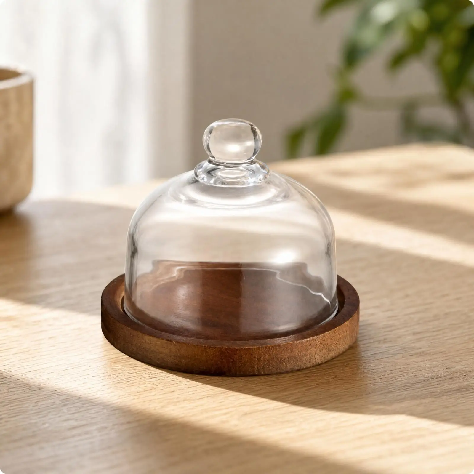 Wooden Dessert Display Plate with Clear Dome Cover Rustic Round Wood Cake Stand with Top Knob Dessert Cloche with Wooden Base