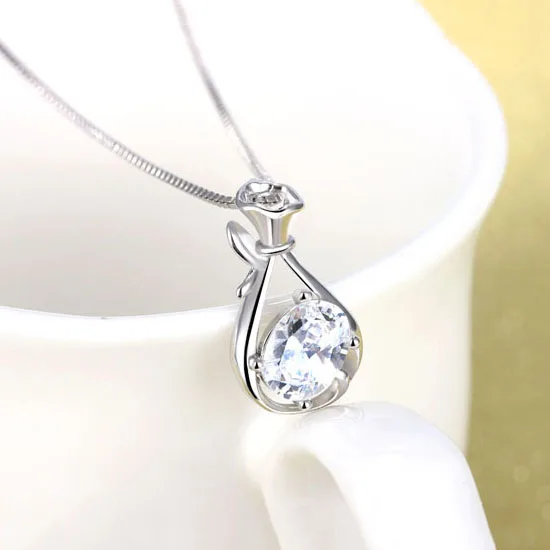 New Style High Quality 925 Sterling Silver  Hollow Cubic zirconia Purse Pendant Necklace Women Elegant Collier Jewelry