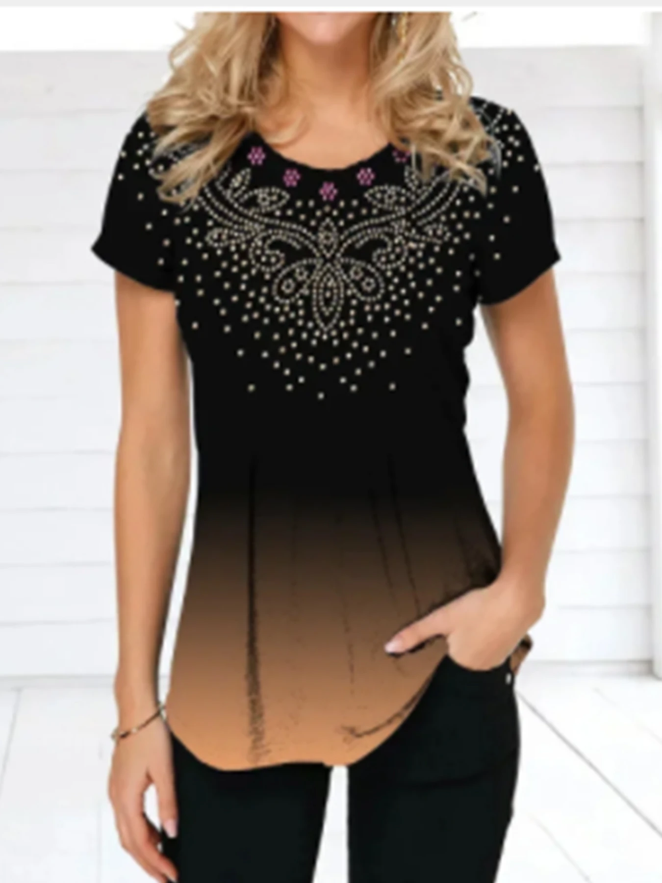 

Women's Rhinestone Butterfly Print T-Shirt Black Brown Gradient Casual Short Sleeve Fashion Top