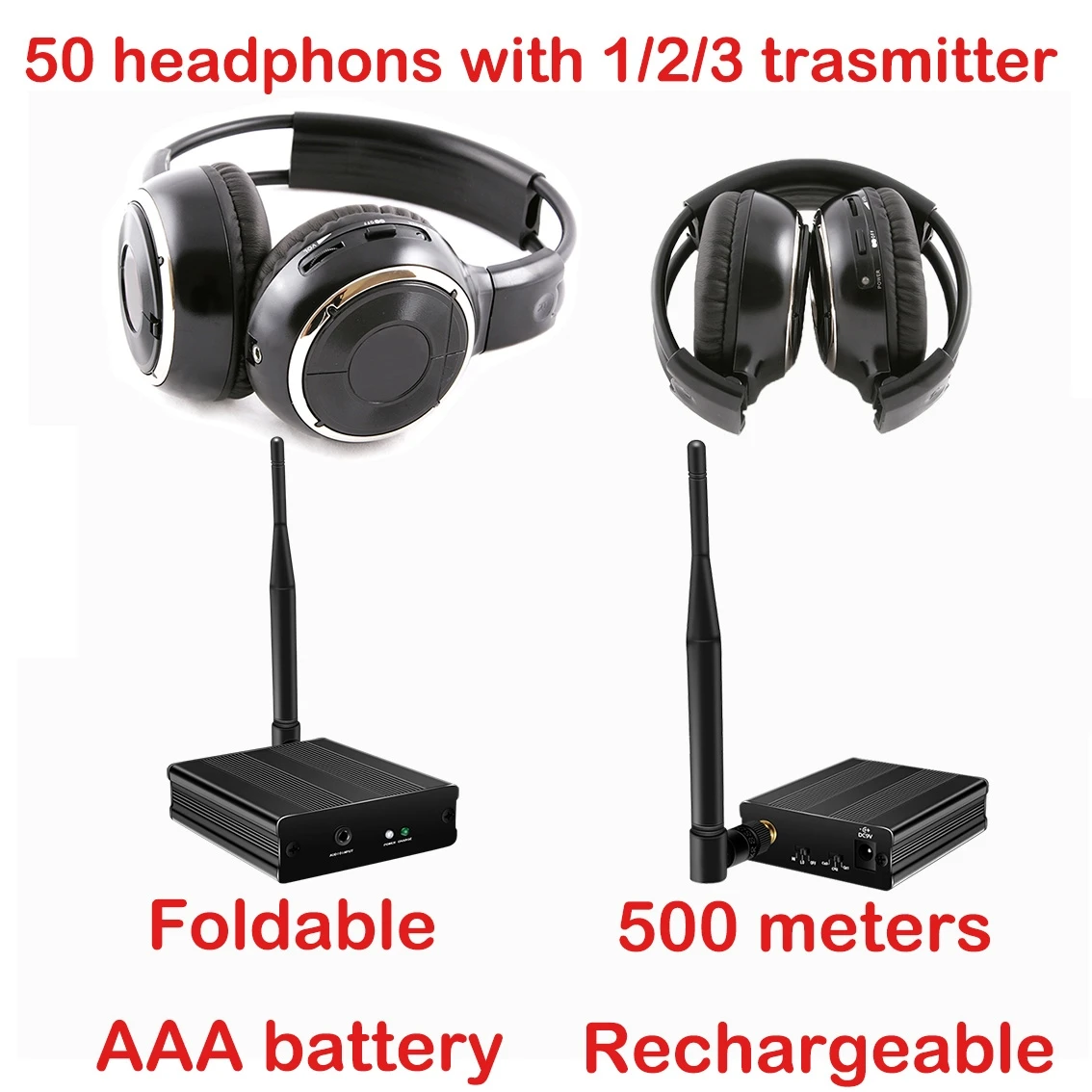 500m 3 Channel Wireless Silent Disco Headphones - 50pcs Foldable Earphones + 1/2/3 Pcs Transmitters