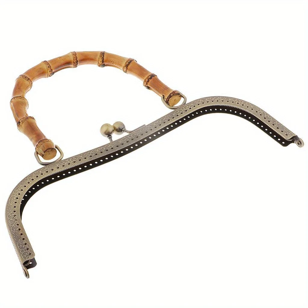 

Vintage Bronze & Coffee Bamboo Handle with Kiss Clasp Lock for DIY Handbags and Purses, 27cm High-Quality Metal Frame Accessory