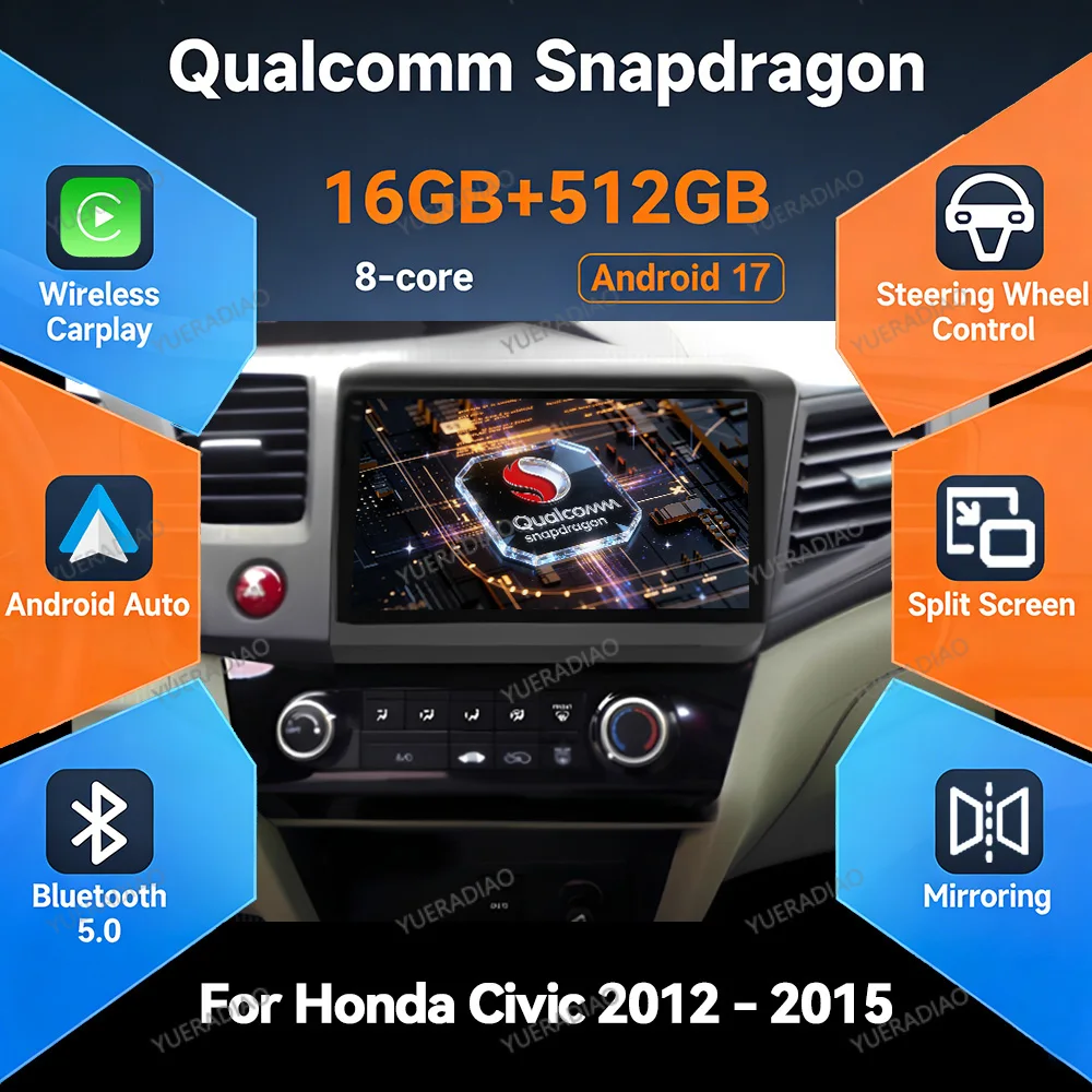 Android 17 Autoradio für Honda Civic 9 2012 2013 2014 2015 BT Head Unit GPS NAVI Mirror Link 2K QLED Autoradio Carplay Auto 2DIN