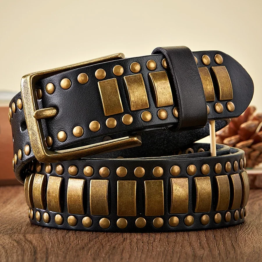 

Punk Rock Belts Geometry Pattern for Men for Women Rivet Studded Belts First Layer of Cowskin Hip Pop Decorative Belts Designer