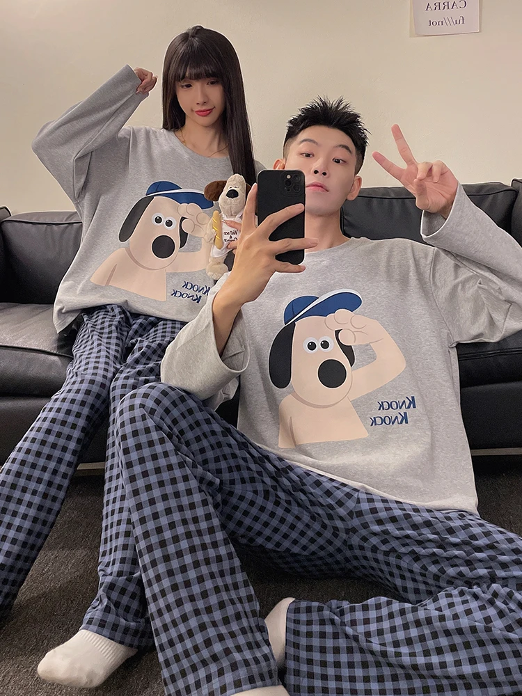 DAIMELU spring sleepwear set autumn couple pajamas women's cotton long-sleeved trousers nightwear men's cartoon teen loungewear