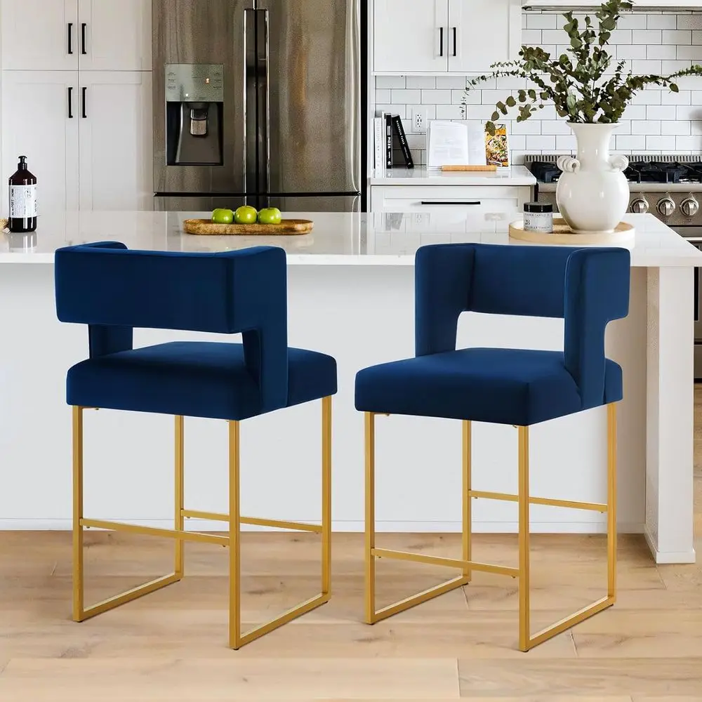 

Set of 2 Navy Velvet Bar Stools with Gold Metal, Square Open Backrest for Kitchen Counter or Home Pub