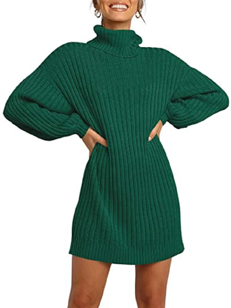 

Winter Turtleneck Sweater Dress Women Loose Knitted Pullover Casual Long Sleeve Knitwear Vintage Solid Pullovers Dress Feminina