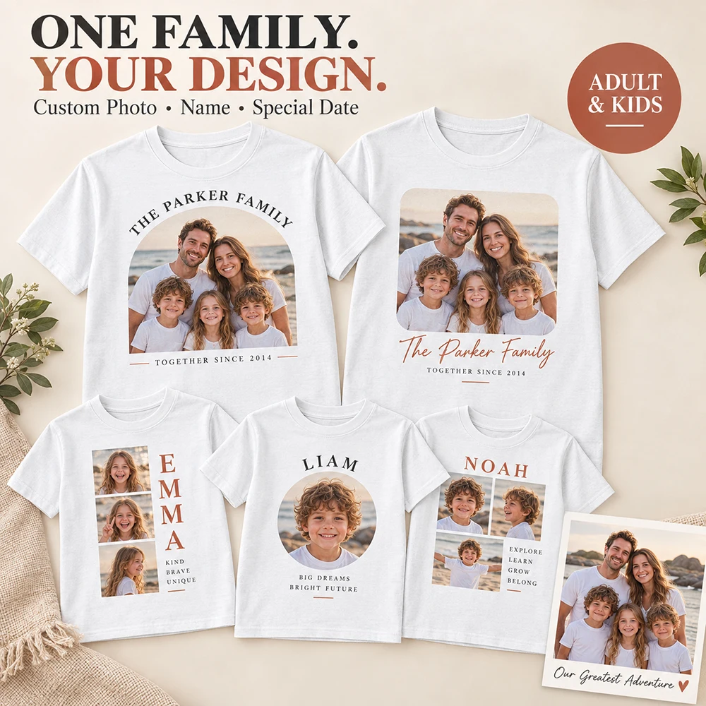 Personalized Family Photo T Shirt Custom Name Text Short Sleeve Crew Neck Casual Unisex Tee for Reunion Party Anniversary Gift
