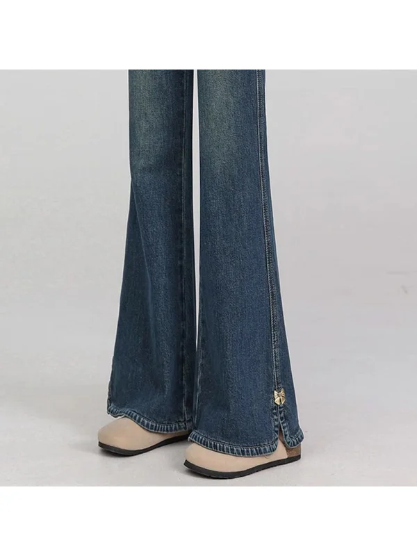 

High Waist Bell Bottom Denim Jeans Women's Summer Slimming Split Design Hoof Long Pants plus Size Retro Style