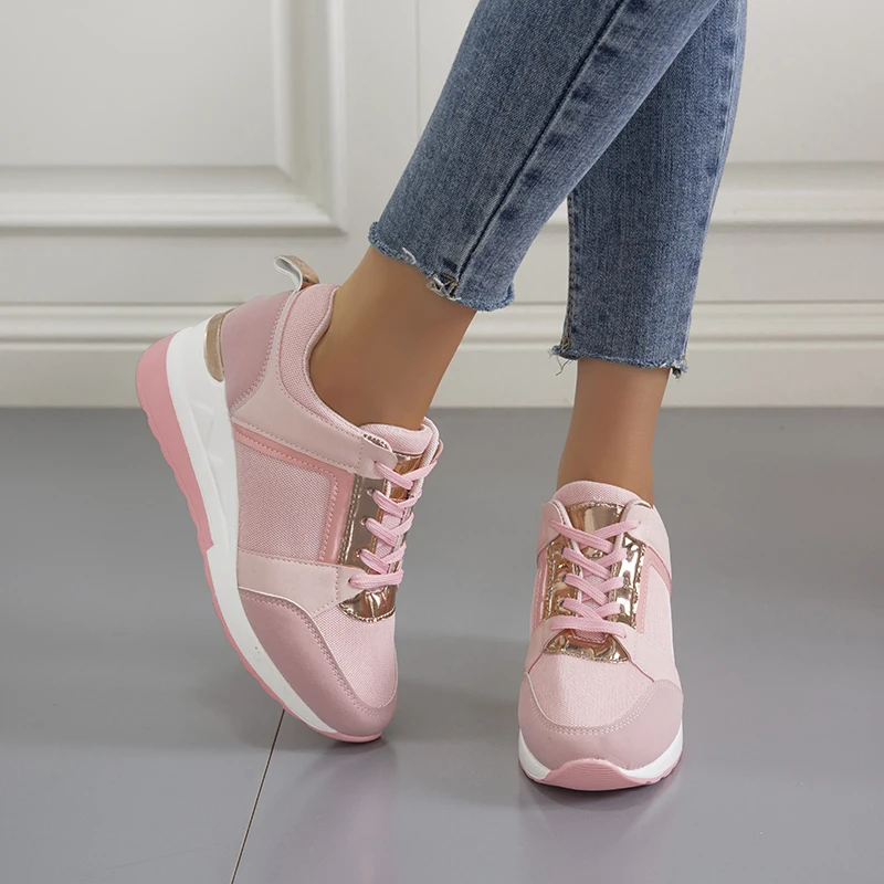 Zapatillas de deporte con cuña para mujer, zapatos deportivos transpirables con cordones, calzado informal con plataforma, vulcanizados, novedad