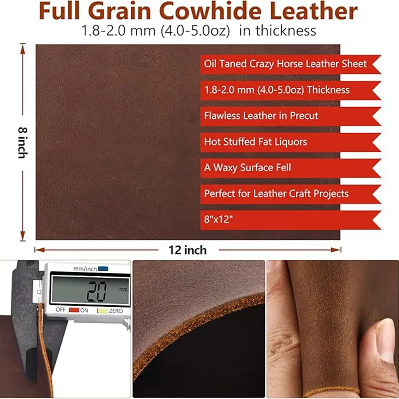 Deep Brown Crazy Horse Leather, 2mm Thick Genuine Full-Grain Leather, Oily Leather for Handmade DIY Crafting of Leather Goods, B