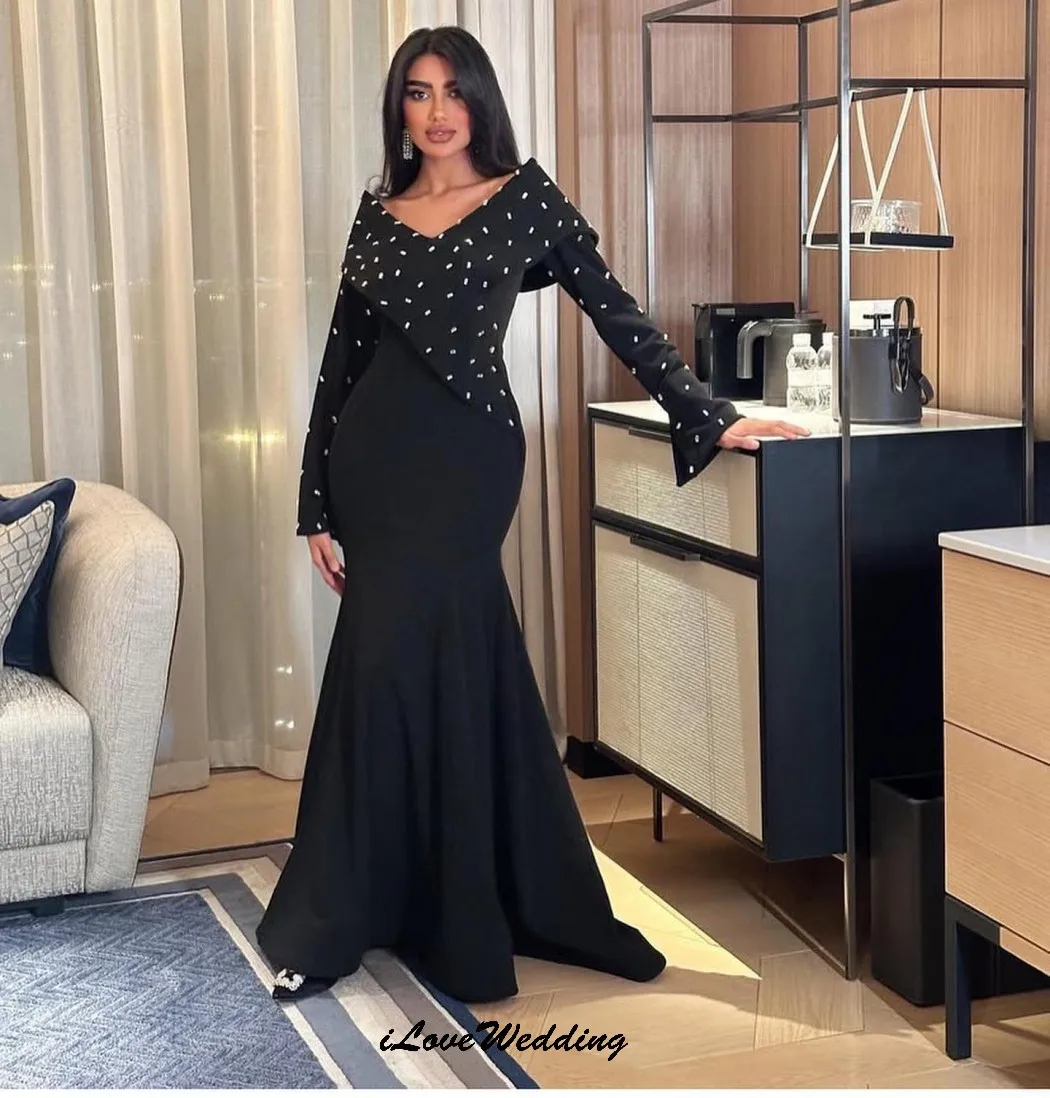 Abiti da sera eleganti con scollo a V 2025 Abiti da ballo a sirena a maniche lunghe Abito da cerimonia nuziale per le donne Lunghezza del pavimento degli ospiti Personalizzato