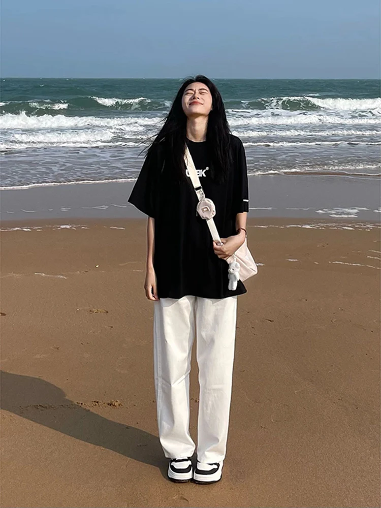 

Белые повседневные джинсы прямого кроя для мужчин, летние тонкие брюки для OOTD, модные свободные брюки для подростков, смесовая ткань из хлопка и полиэстера