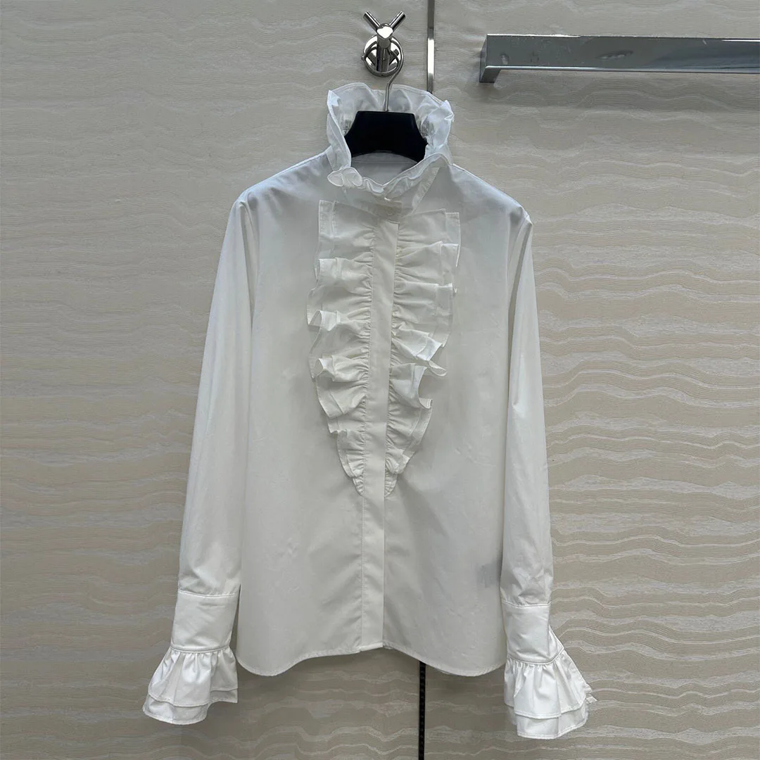

French Elegant Office Lady 2025 New Autumn Cotton Shirt Women Vintage Lace Splied Stand Collar Ruffles Flare Long Sleeve Blouse
