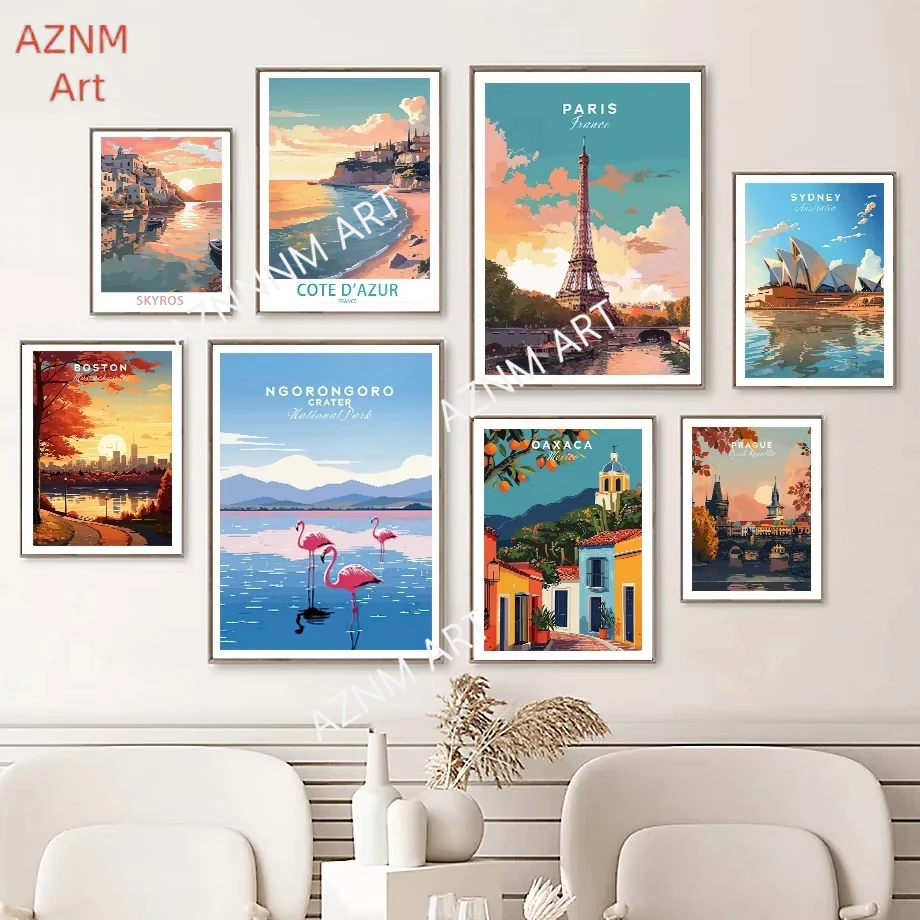 1PC ，Minimalist Canvas Posters Travel Print Sunset Seascape City Street Sea Wave Fashion Painting Wall Art Home Living Room