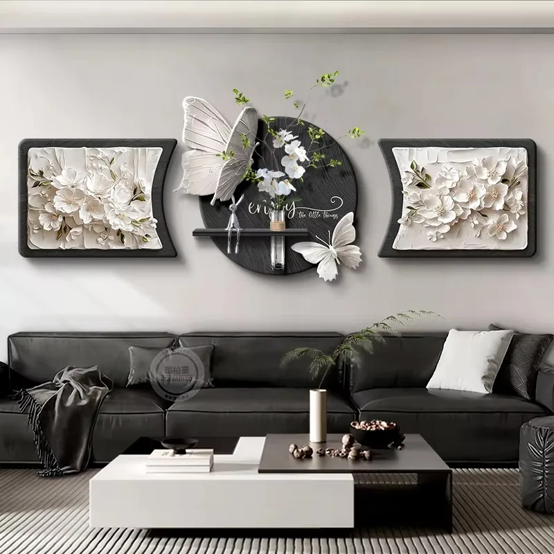 Light luxury 3D wall decoration with hydroponic greenery and large white sofa background