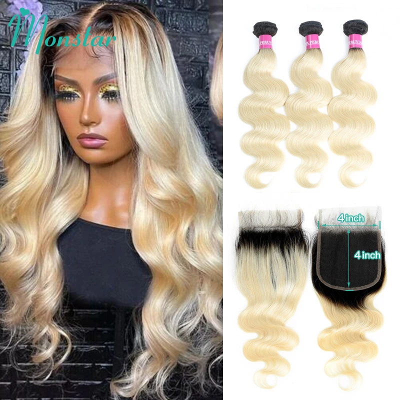 Monstar 1B 613 Blonde Ombre Bundles Brazilian Weave with 4x4 Closure 2/3/4 Bundles 8 - 32 Inch Remy Body Wave Hair with Closure