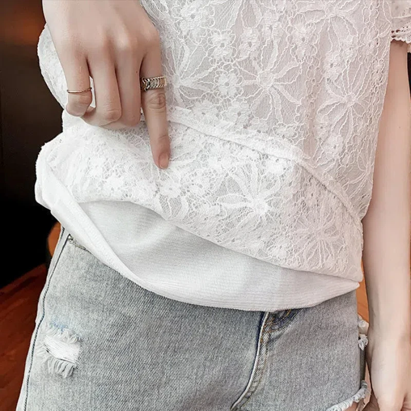 Korean Fashion Summer New Women\'s Solid O-Neck Lace Hollow Out Puff Sleeve Simplicity Versatile Loose Short Sleeve T-Shirts Tops