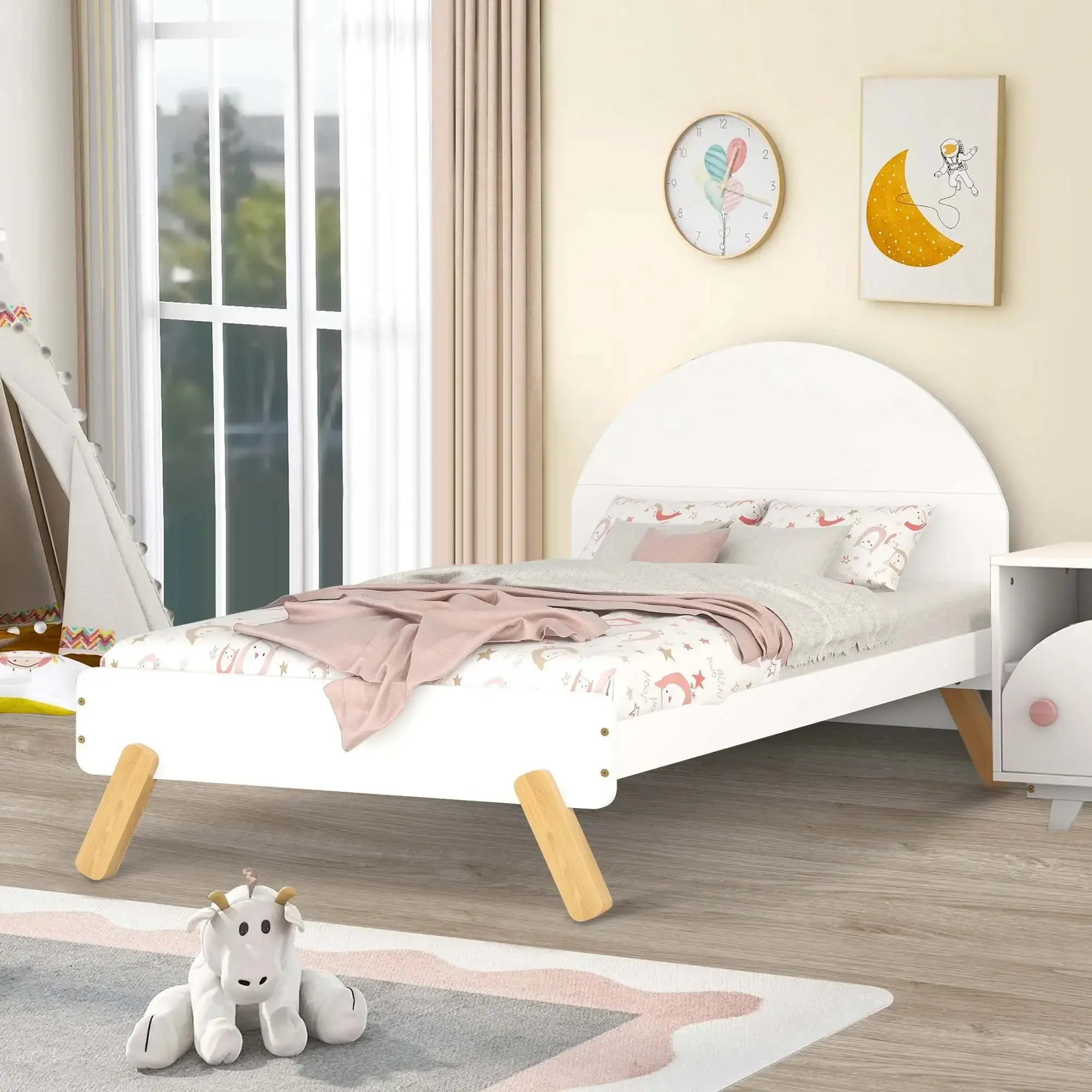 Platform Bed for Kids  Twin Bed Frame with Semi-circular Headboard, Wooden - White Rugged hardwood frame Semi-circular headboard